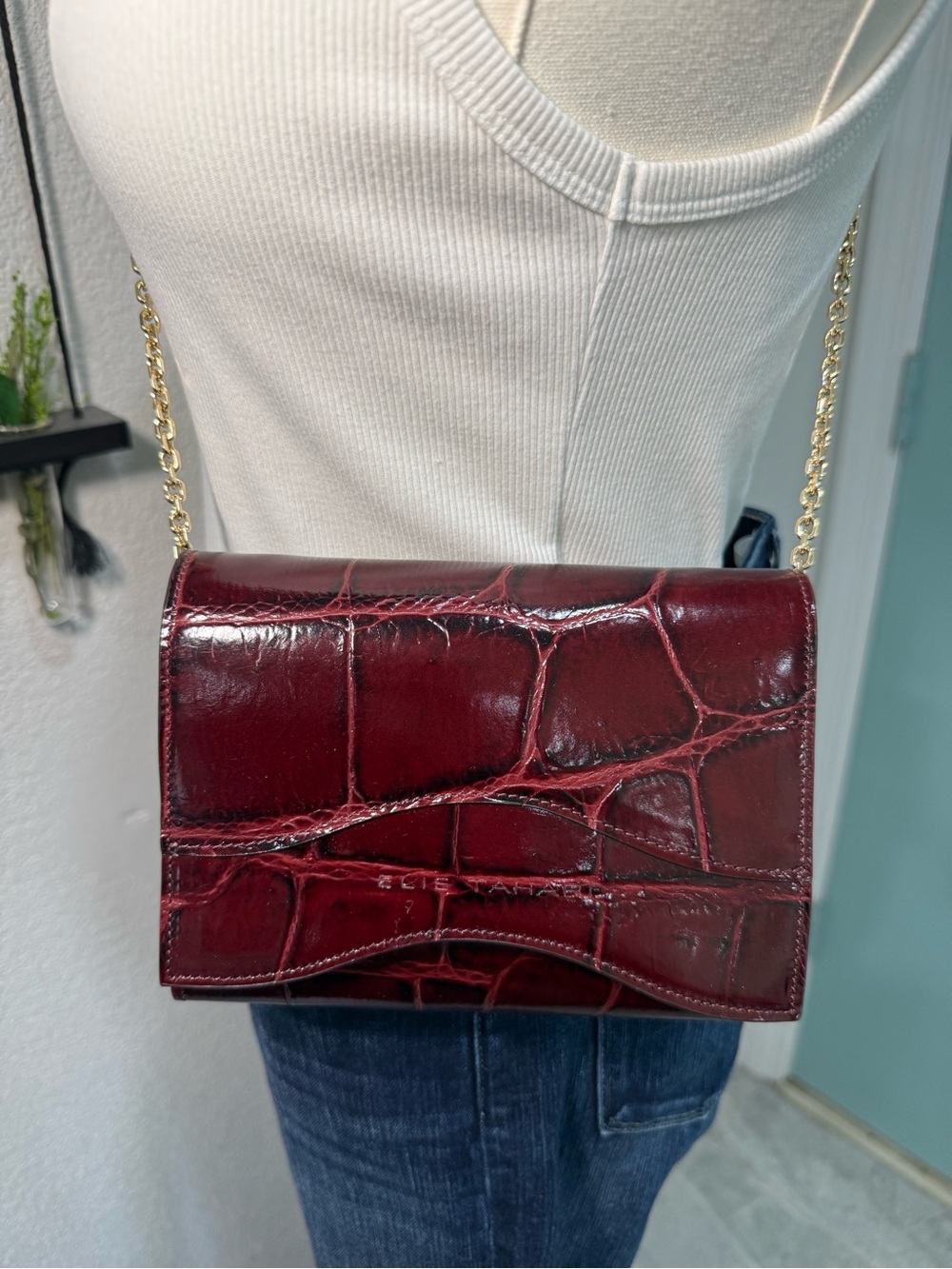 Elie Tahari Women's Croc-Embossed Burgundy with Gold Chain Crossbody Bag